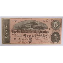 1864 $5 CONFEDERATE STATES OF AMERICA NOTE (T-69) CU-63