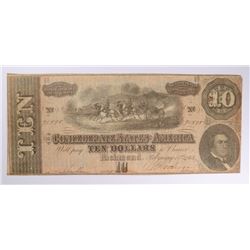 1864 $10 CONFEDERATE STATES OF AMERICA NOTE (T-68) F/VF