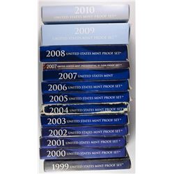 COMPLETE RUN OF U.S. PROOF SETS 1999 THRU 2010, THE 2004 BOX DAMAGED, COINS OK