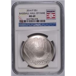 2014 BASEBALL HALL OF FAME SILVER DOLLAR, NGC MS-69