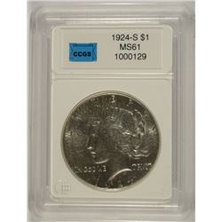 1924-S PEACE SILVER DOLLAR, CCGS MS-61 SEMI-KEY