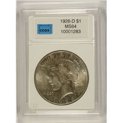 1926-D PEACE SILVER DOLLAR, CCGS MS-64 SEMI-KEY