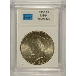 1935 PEACE SILVER DOLLAR, CCGS MS-64