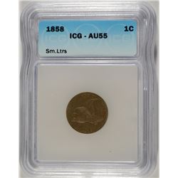 1858 SMALL LETTERS FLYING EAGLE CENT ICG AU-55