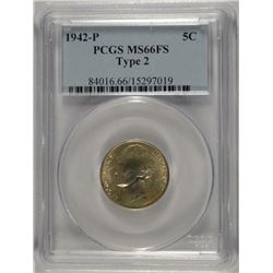 1942-P TYPE 2 SILVER JEFFERSON NICKEL PCGS MS-66 FS