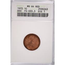 1972 DDO LINCOLN CENT ANACS MS-64 RED