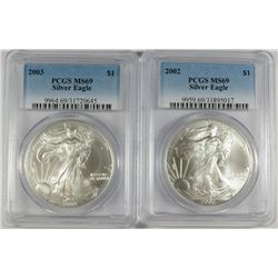 2002 & 2003 AMERICAN SILVER EAGLES, PCGS MS-69