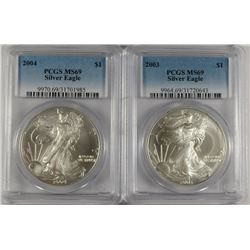 2003 & 2004 AMERICAN SILVER EAGLES, PCGS MS-69
