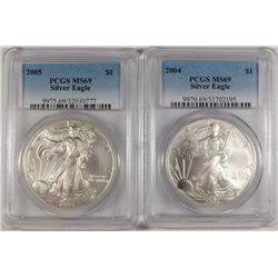 2004 & 2005 AMERICAN SILVER EAGLES, PCGS MS-69