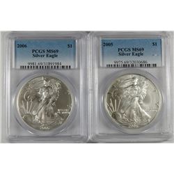 2005 & 2006 AMERICAN SILVER EAGLES, PCGS MS-69