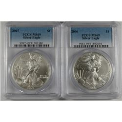 2006 AND 2007 AMERICAN SILVER EAGLES, PCGS MS-69