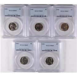 LOT OF ( 5 ) 1941 JEFFERSON NICKELS, PCGS MS-65