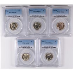 LOT OF ( 5 ) 1943-S JEFFERSON NICKELS, PCGS MS-66