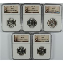 LOT OF ( 5 ) 1959 WASHINGTON QUARTER, NGC MS-65