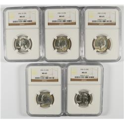 LOT OF ( 5 ) 1961-D WASHINGTON QUARTERS, NGC MS-65