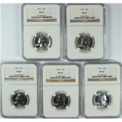 LOT OF ( 5 ) 1961 WASHINGTON QUARTERS, NGC PROOF-67