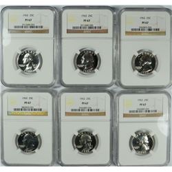 LOT OF ( 6 ) 1962 WASHINGTON QUARTERS, NGC PROOF-67