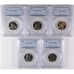 LOT OF ( 5 ) 1963 WASHINGTON QUARTERS, PCGS PROOF-67