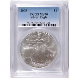2005 AMERICAN SILVER EAGLE, PCGS MS-70 RARE LISTS IN PCGS PRICE GUIDE AT $700.00