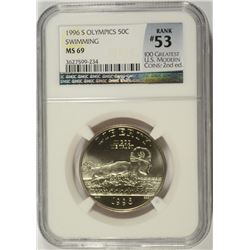 1996-S OLYMPICS (SWIMMING) COMMEN HALF DOLLAR NGC MS-69 (RANK #53 100 GREATEST U