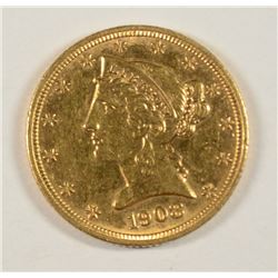 1908 $5 GOLD LIBERTY AU
