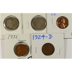 (5) MISC COINS (1924-D-1C, 1932-1C, 1960 SD-1C, 1896-5C, 1910-5C)