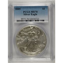 2005 AMERICAN SILVER EAGLE, PCGS MS-70 RARE LISTS IN PCGS PRICE GUIDE AT $700.00