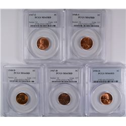 5-PCGS GRADED LINCOLN CENTS, 1947-S, 47-D, 48-S MS-65 RED & 48-D, 50-D MS-66 RED