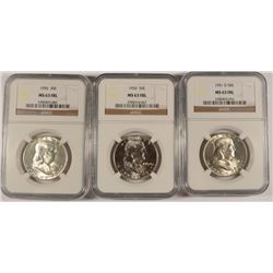 1951-D, 1954 AND 1955 FRANKLIN HALF DOLLARS, NGC MS-63 FBL