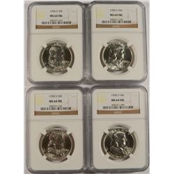LOT OF ( 4 ) 1958-D HALF DOLLARS, NGC MS-64 FBL TOUGH!