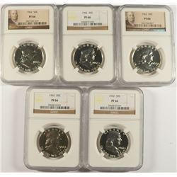 LOT OF ( 5 ) 1962 FRANKLIN HALF DOLLARS, NGC PROOF-66