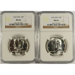 ( 2 ) 1965 SMS KENNEDY HALF DOLLARS, NGC MS-66