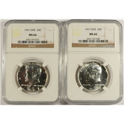 ( 2 ) 1967 SMS KENNEDY HALF DOLLARS, NGC MS-66