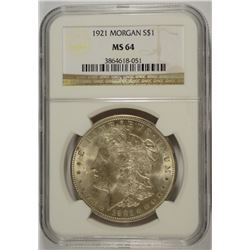 1921 MORGAN SILVER DOLLAR, NGC MS-64