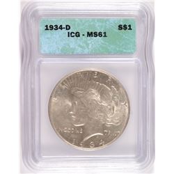 1934-D PEACE SILVER DOLLAR, ICG MS-61   WHITE