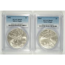 2002 & 2003 AMERICAN SILVER EAGLES, PCGS MS-69