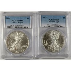 2003 & 2004 AMERICAN SILVER EAGLES, PCGS MS-69