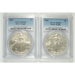 2004 & 2005 AMERICAN SILVER EAGLES, PCGS MS-69