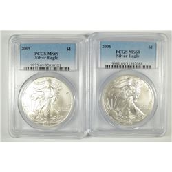 2005 & 2006 AMERICAN SILVER EAGLES, PCGS MS-69