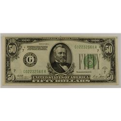 1928 $50 FEDERAL RESERVE NOTE (REDEEMABLE IN GOLD) CU