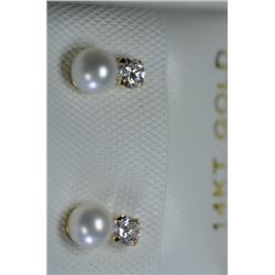 14K GOLD FRESHWATER PEARL &CUBIC ZIRCONIA EARRINGS