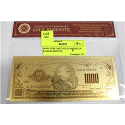 99.9% PURE 24KT GOLD AMERICAN $1000 BANKNOTE (not legal tender)