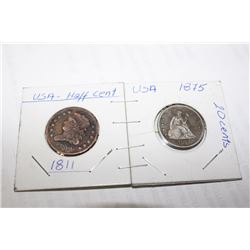 1875 AMERICAN 20 CENT PIECE & 1811 HALF CENT PIECE