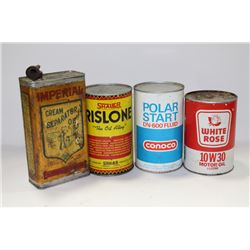 BOX OF VINTAGE OIL CANS - 3 MOTOR OIL & 1 CREAM