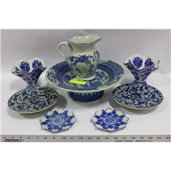 TRAY OF BLUE AND WHITE CERAMICS