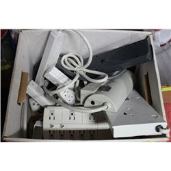 BOX OF POWER BARS, EXT. CORDS & MULTI-PLUGS