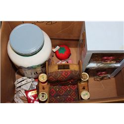 BOX W/ SEWING SUPPLIES, SEWING ROCKER & QUILTS JAR