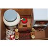 Image 1 : BOX W/ SEWING SUPPLIES, SEWING ROCKER & QUILTS JAR