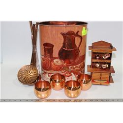 COPPER WASTEBASKET FILLED W/ COPPER KITCHEN ITEMS