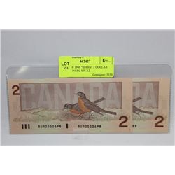 GEM UNC 1986 "ROBIN" 2 DOLLAR NOTE CONSEC S/N X2